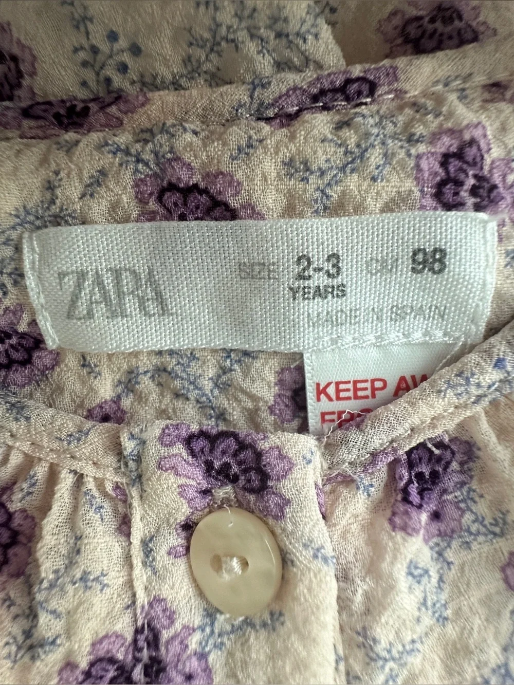 Zara girl’s Cream Dress with Purple Floral Print.  Size 2-3T.